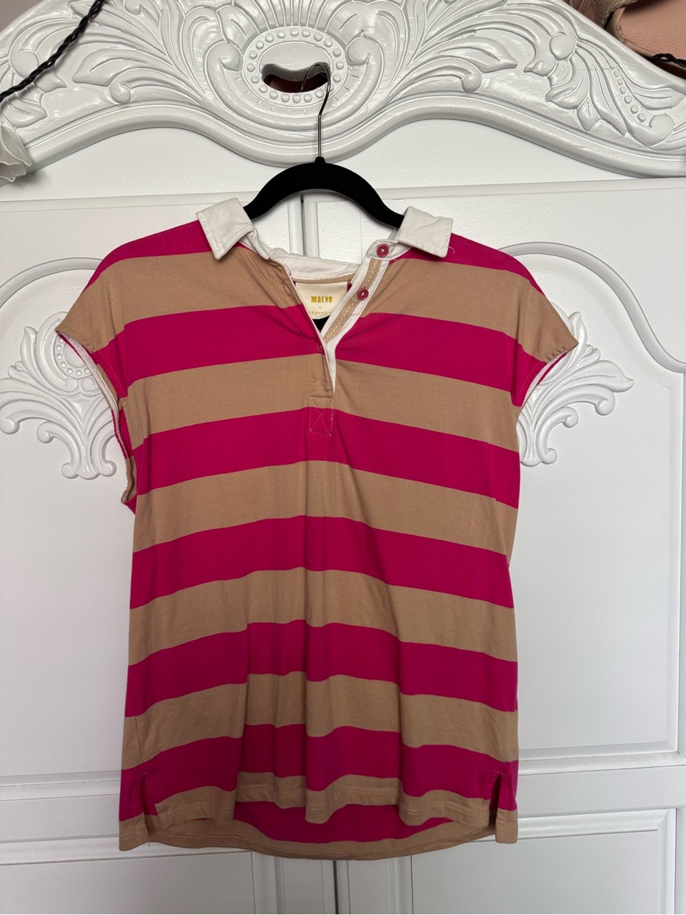 Striped Polo Tee in Fuchsia and Tan - Women